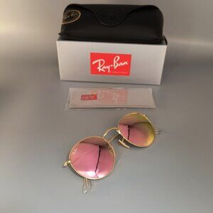 NWOT Ray-Ban RB3447 Round Metal Gold Frame Pink Mirror Lens 50-21 Unisex